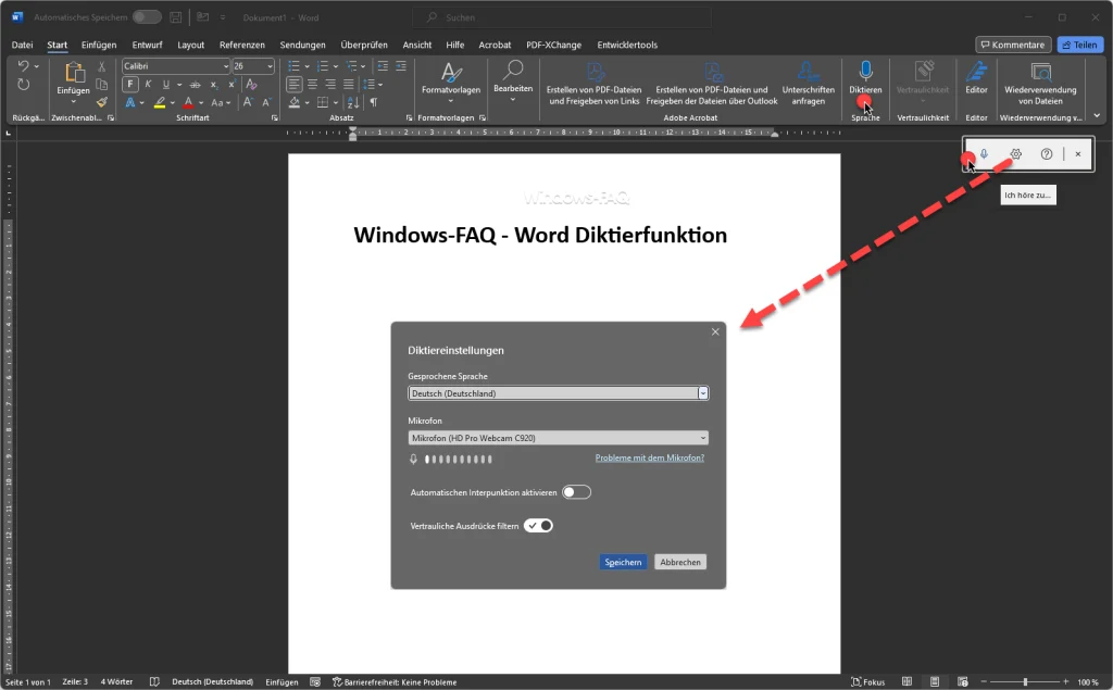 Word Diktierfunktion und mögliche Einstellungen