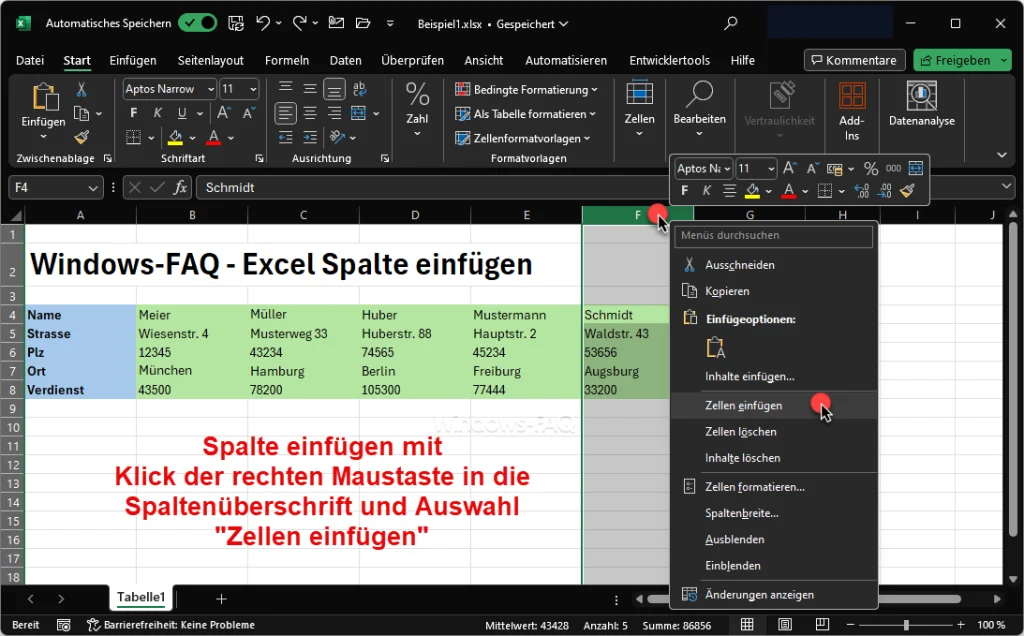 Excel Spalte einfügen mit Maus