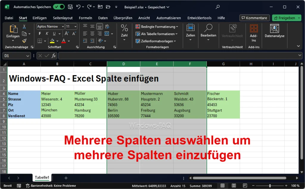 Excel mehrere Spalten auswählen