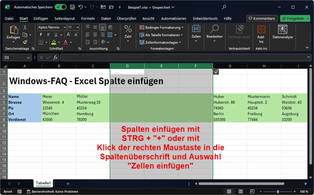 Excel mehrere Spalten einfügen