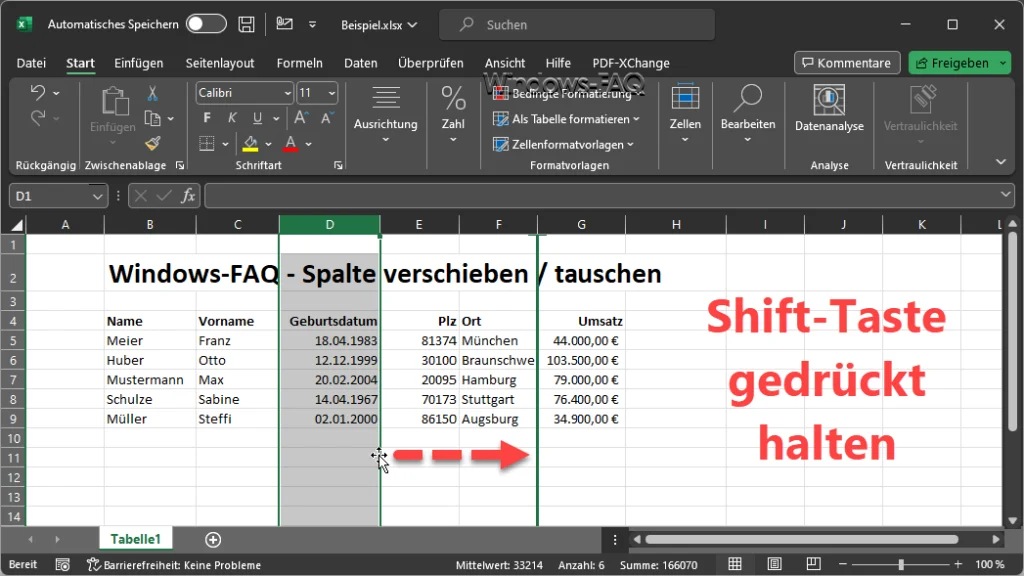 Excel Spalte verschieben mit gedrückter Shift-Taste