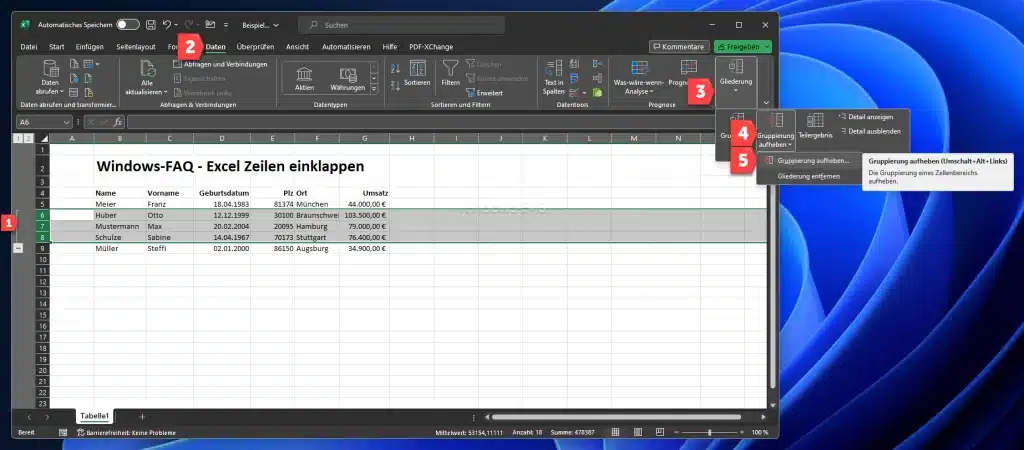 Excel eingeklappte Zeilen Gruppierung aufheben