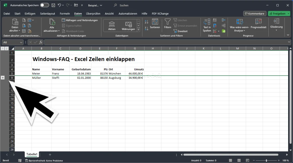 Excel eingeklappte Zeilen über Plus ausklappen