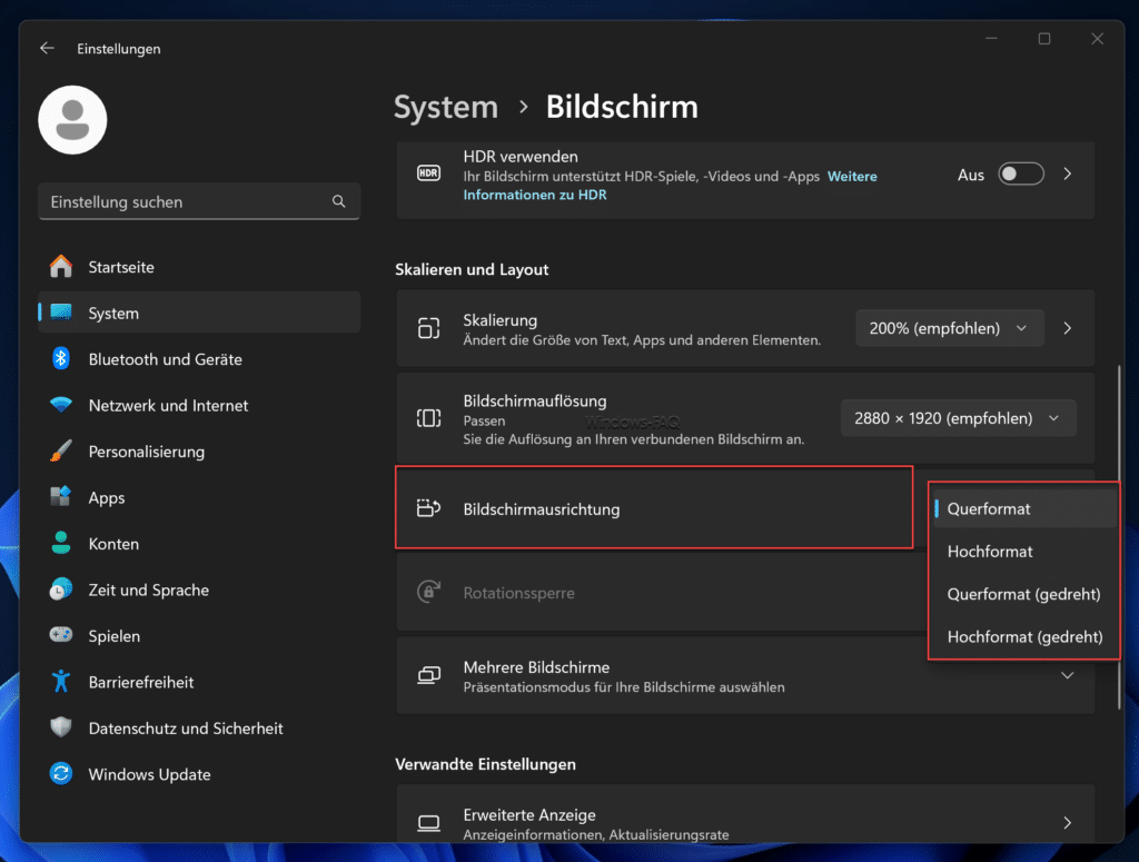 Windows Bildschirmausrichtung