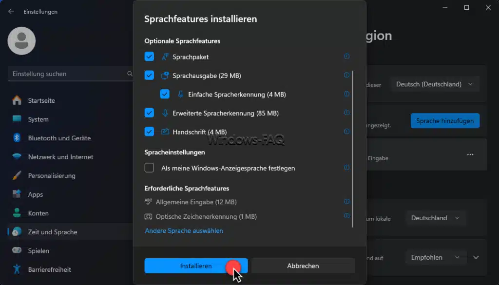 Windows Sprachfeatures installieren