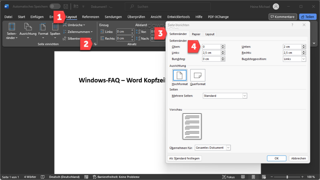 Word Seitenrand oben auf 0 setzen