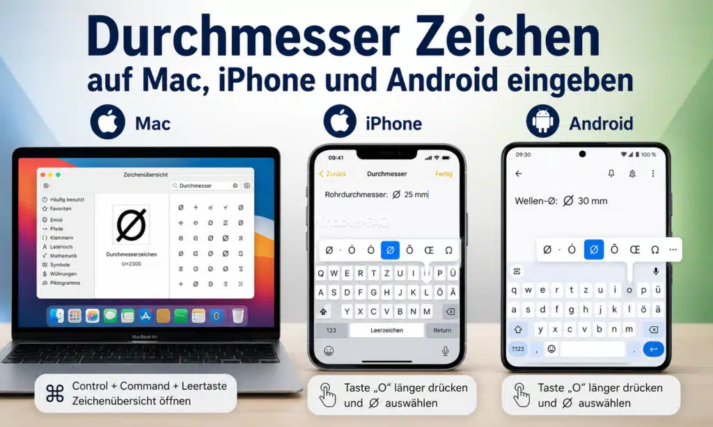 Durchmesser Zeichen auf Mac, iPhone und Android eingeben