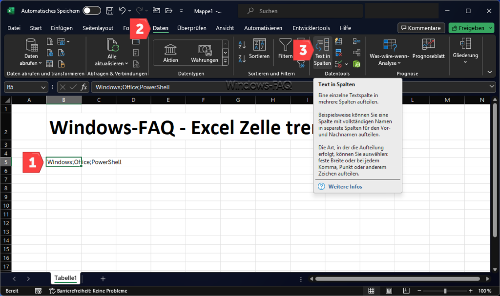 Excel Text in Spalten