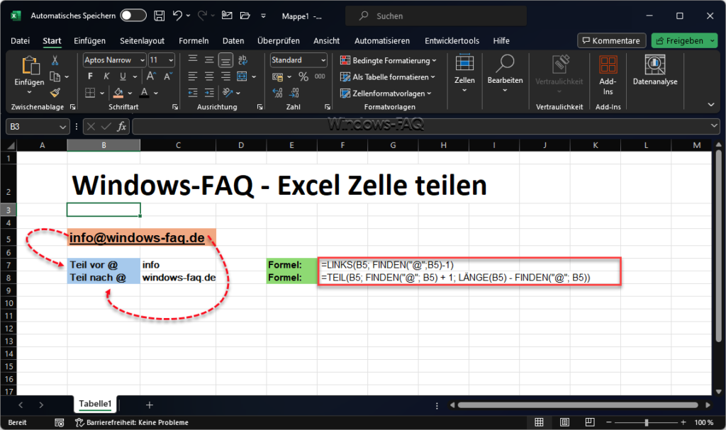 Excel Zelle teilen mit Links, Rechts und Teil
