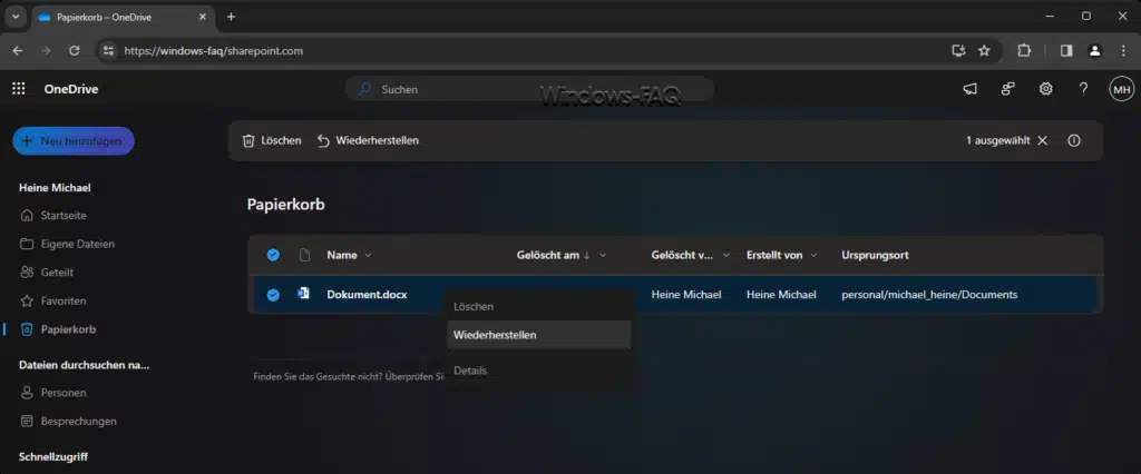 OneDrive Papierkorb