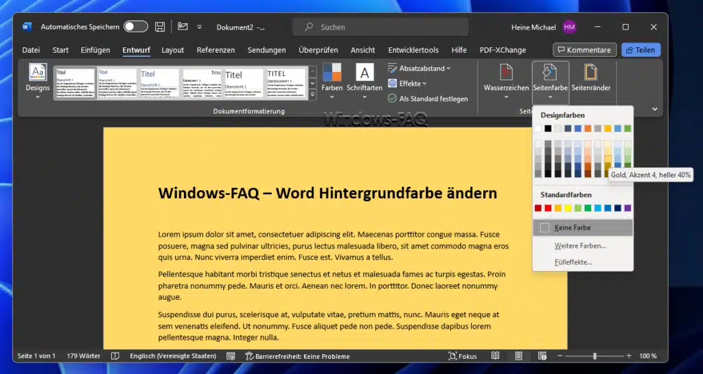 Word Seitenfarbe Gold