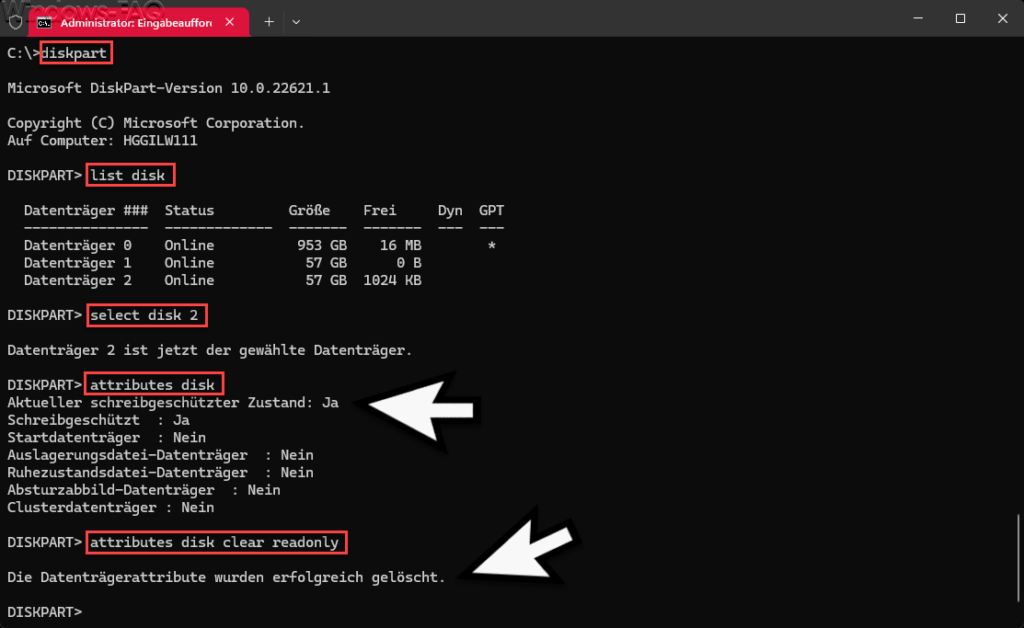 Diskpart attributes disk clear readonly