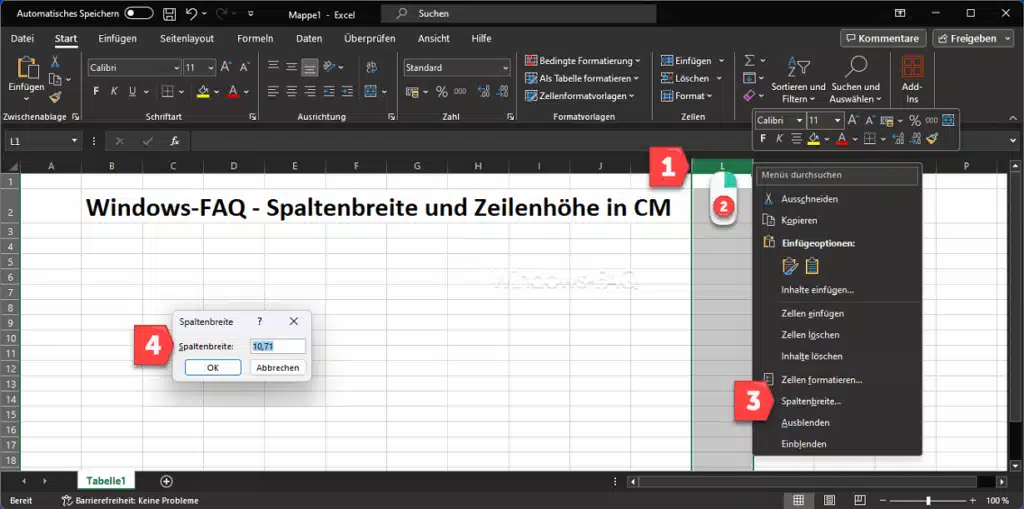 Excel Spaltenbreite in cm