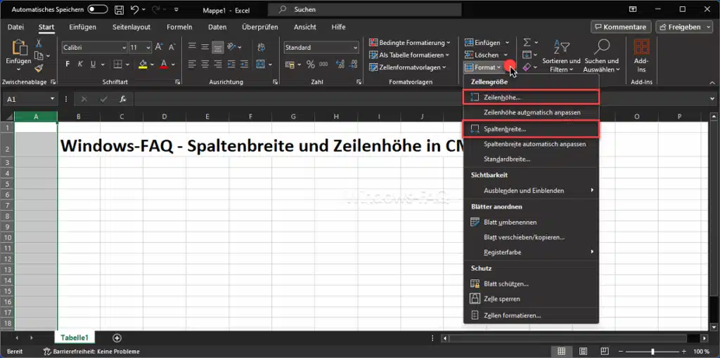 Excel Zeilenhöhe und Spaltenbreite