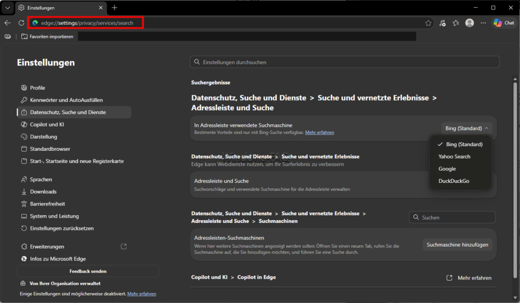 Edge Adressleiste und Suche