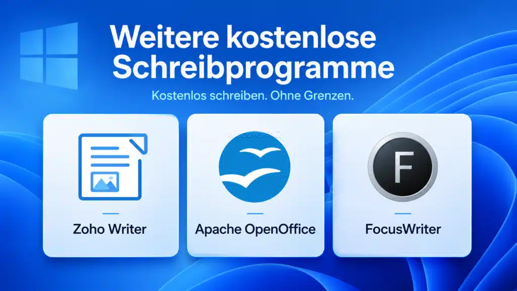 Weitere kostenlose Schreibprogramme mit ZoHo Writer. Apache OpenOffice und FocusWriter.webp