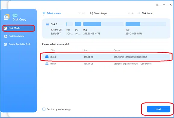 EaseUS Disk Copy Disk Mode