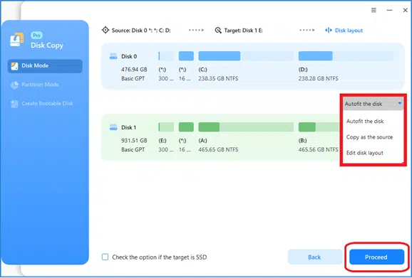 EaseUS Disk Copy Options