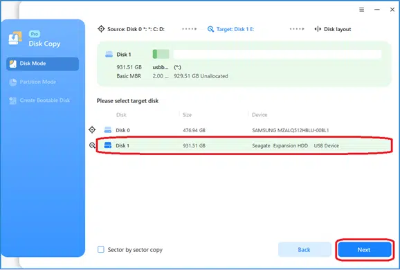 EaseUS Disk Copy Select target disk