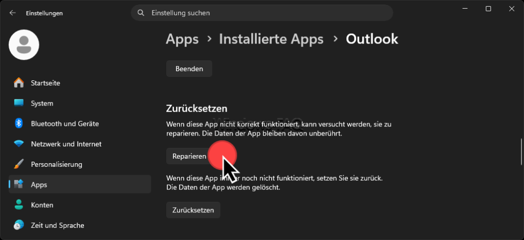 Installierte Apps Outlook reparieren