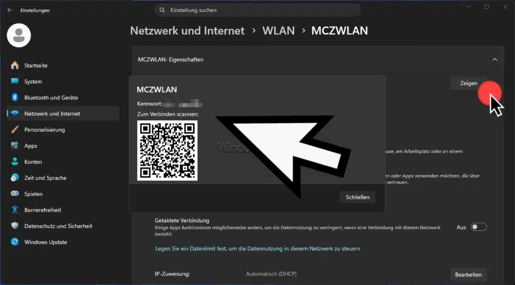WLAN Kennwort und WLAN QR-Code in den Windows Einstellungen
