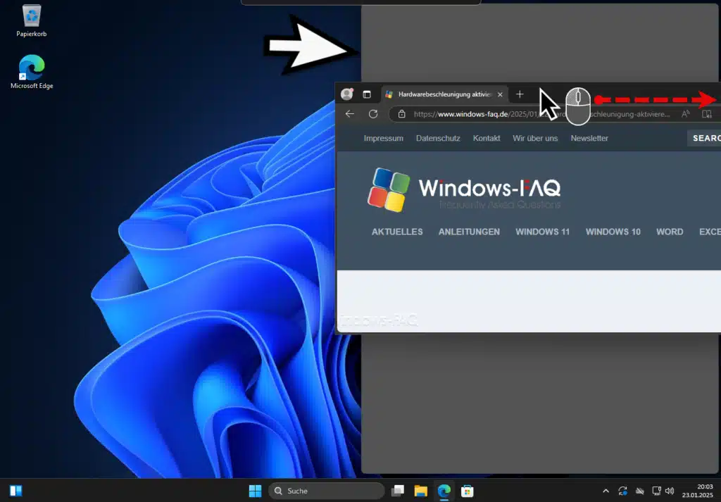Windows Bildschirm teilen Fenster nach rechts ziehen