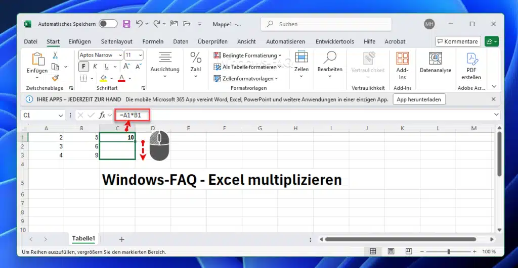 Excel multiplizieren Formeln in Spalte nach unten ziehen