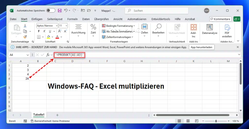 Excel multiplizieren Produkt Formel