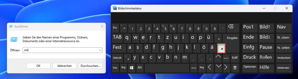 Windows Bildschirmtastatur Rautetaste Hashtag