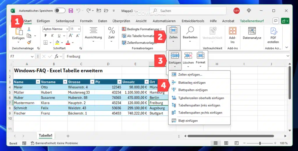 Excel Tabelle erweitern Blattzeilen Blattspalten einfügen
