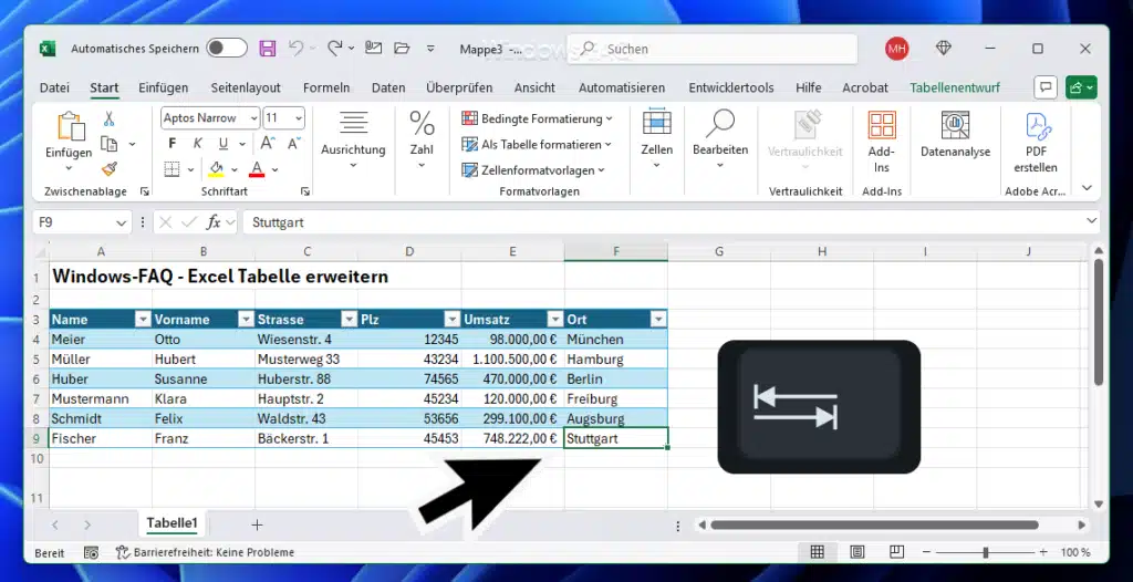 Excel Tabelle erweitern TAB Taste