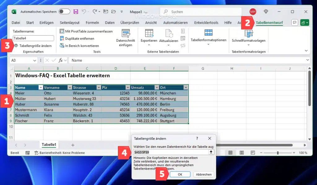 Excel Tabelle erweitern Tabellengröße ändern
