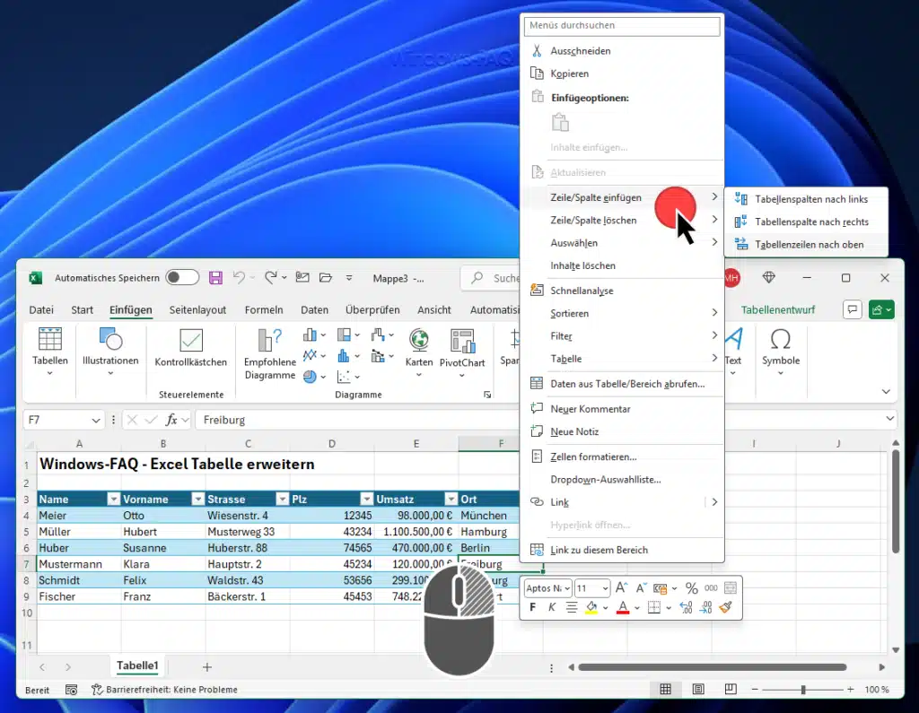 Excel Tabelle erweitern Tabellenspalte oder Tabellenzeile