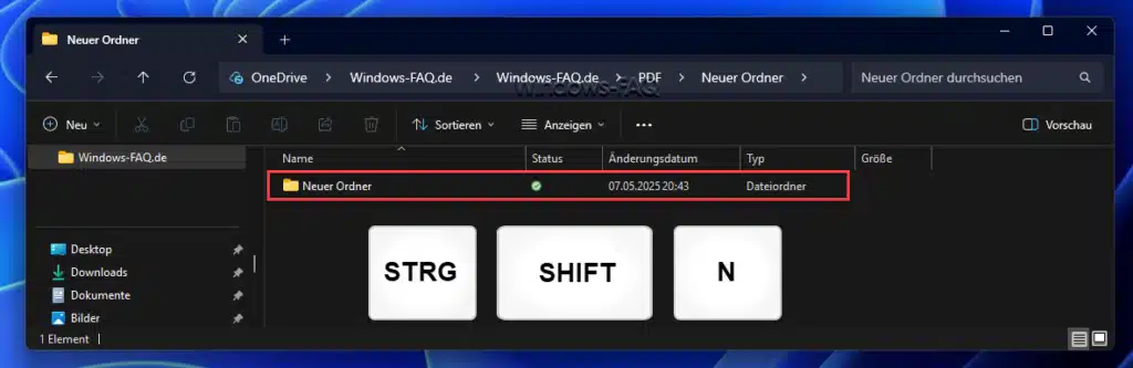 Ordner anlegen mit Tastenkombination STRG SHIFT N