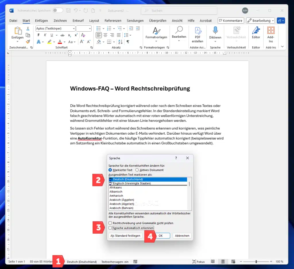 Word Rechtschreibprüfung Sprache