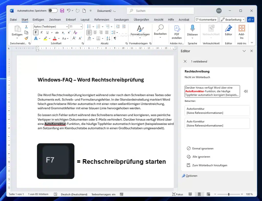 Word Rechtschreibprüfung starten mit F7