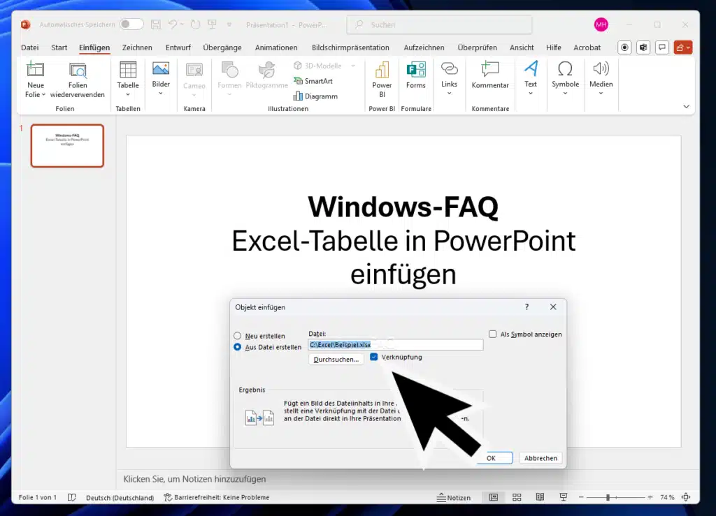Excel Tabelle als Verknüpfung in PowerPoint einfügen