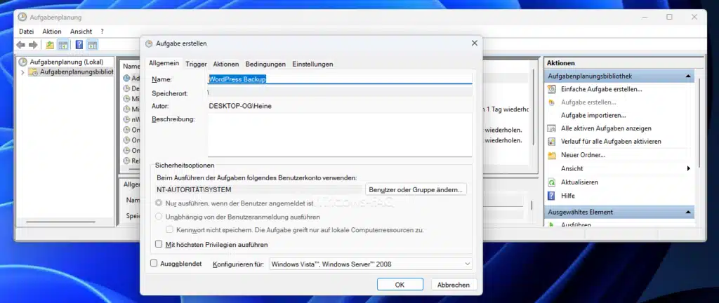 Wordpress Backup Aufgabenplanung