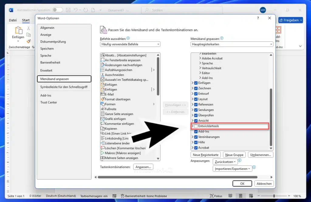Word Formular erstellen Entwicklertools