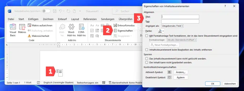 Word Formular erstellen Steuerelemente Eigenschaften