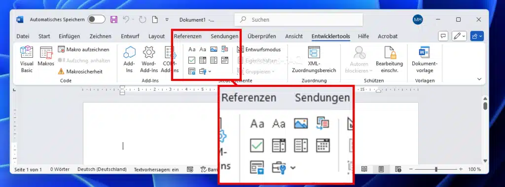 Word Formular erstellen Symbole Menüleiste