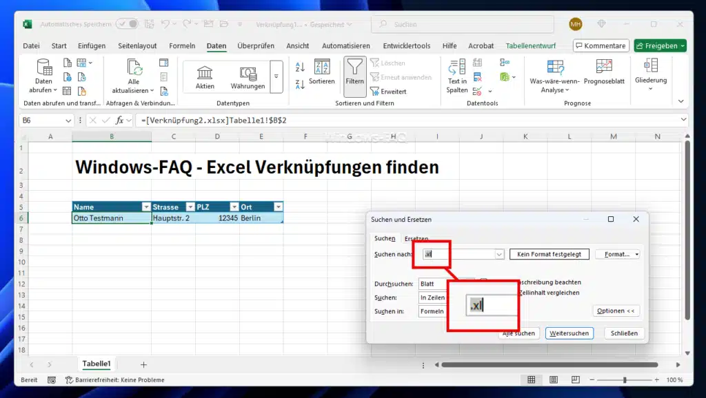 Excel Verknüpfungen finden mit STRG F