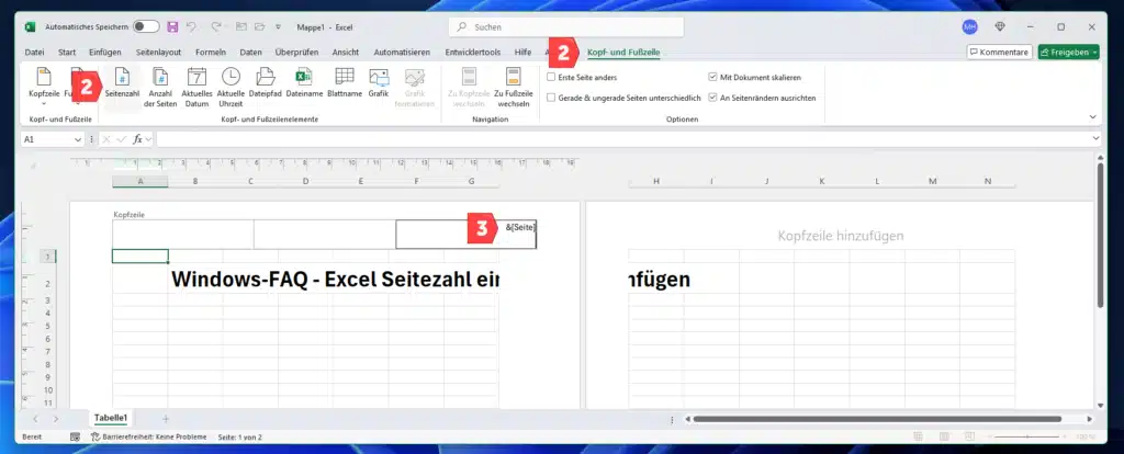 Excel Seitenzahl einfügen an bestimmter Position