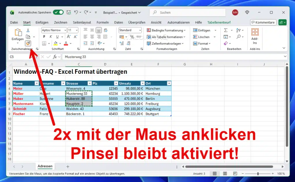 Excel Pinsel 2x anklicken und dauerhaft aktivieren