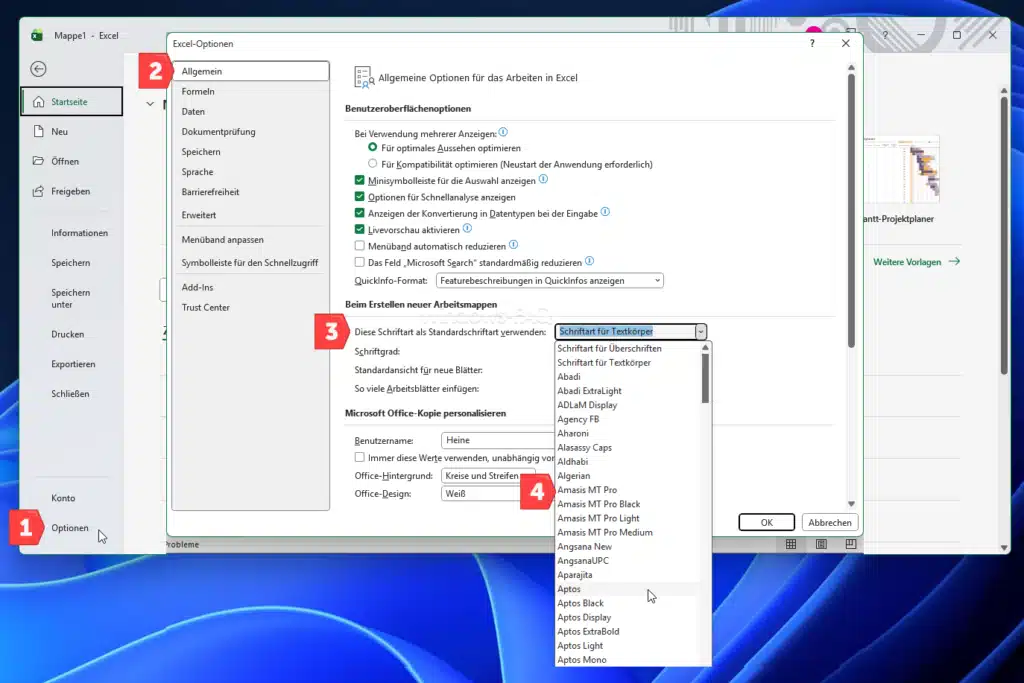 Excel Schriftart als Standardschrift verwenden