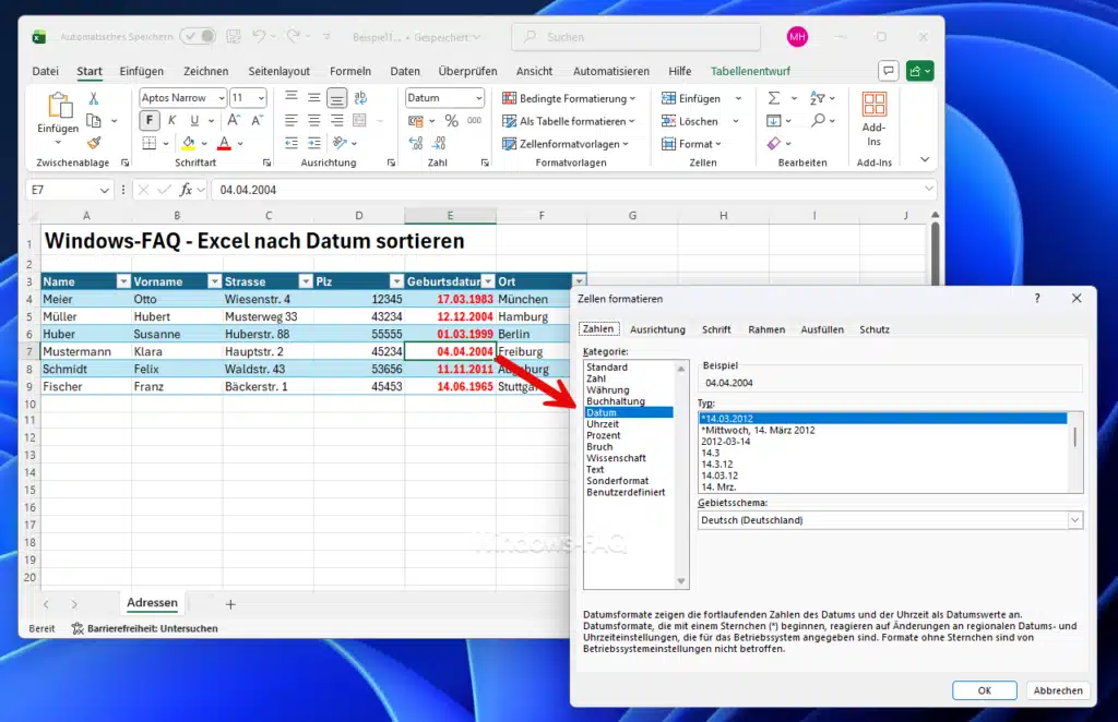 Excel nach Datum sortieren Datum formatieren