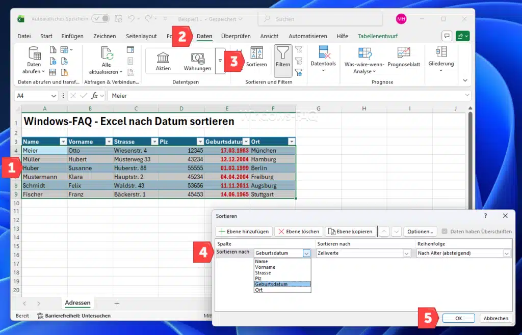 Excel nach Datum sortieren nach
