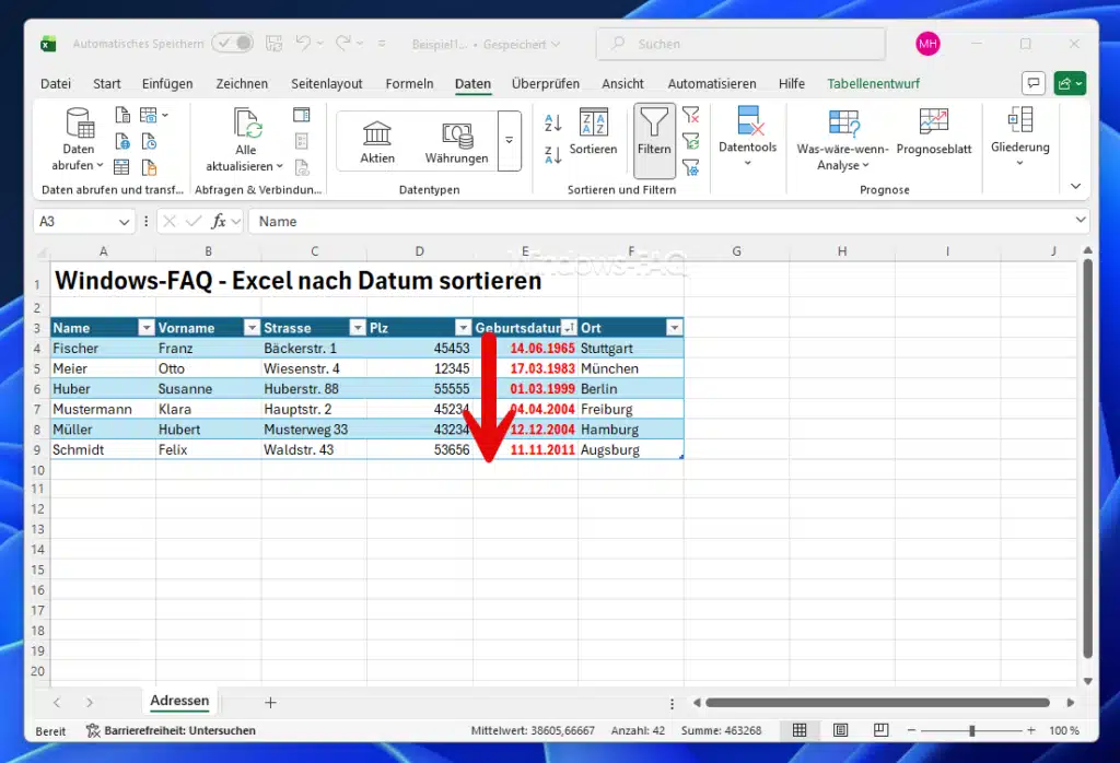Excel nach Datum sortiert