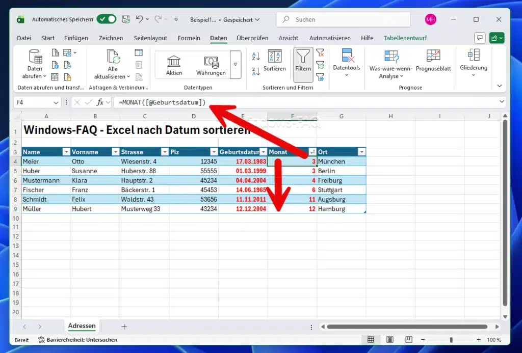 Excel nach Monat sortieren