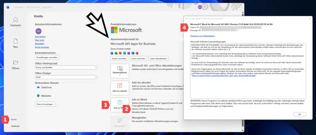 Office Version anzeigen Word, Excel, Outlook, Powerpoint